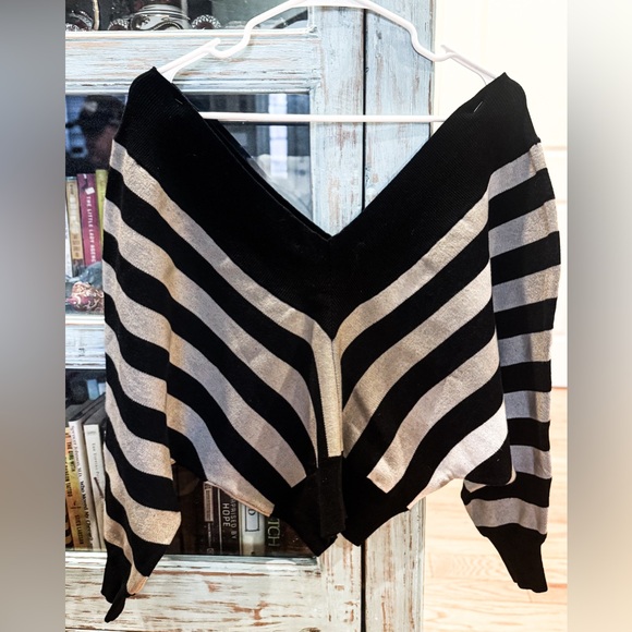 AKIRA Sweaters - AKIRA Black and Silver Striped Off-the-Shoulder V-Neck Sweater